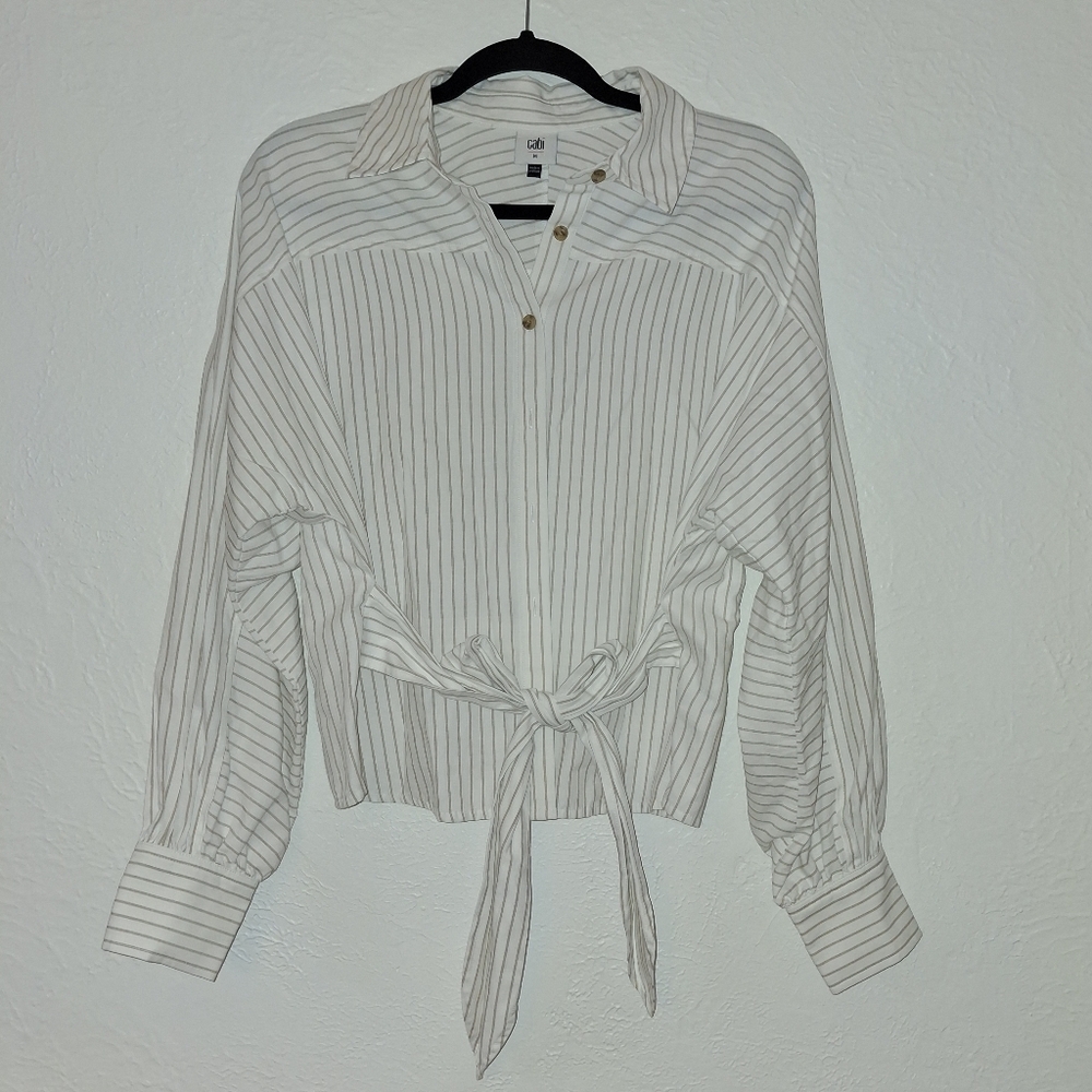 Cabi tie waist striped button up long sleeve shirt white beige size medium